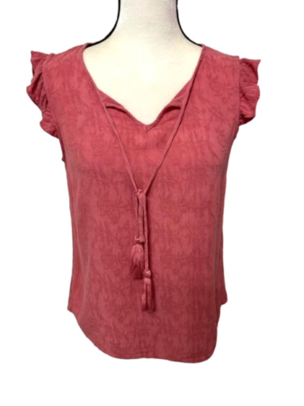 2/$30 Lucky Brand Rose Tassel V-Neck Flutter Sleeve Top Size XS #2442